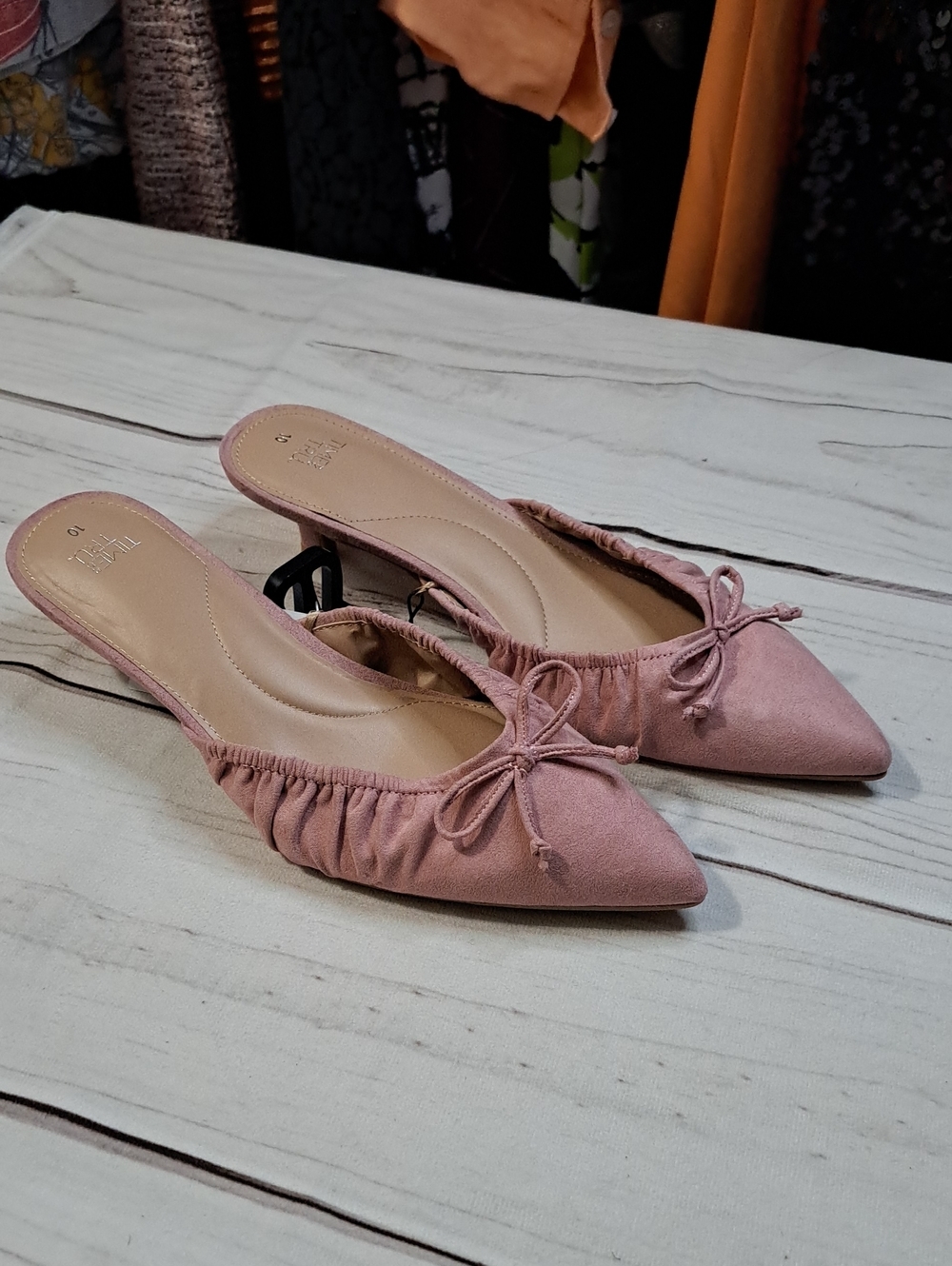 Time and Tru Dusty Pink Pointed Toe Slip-On Mules Kitten Heel with Bow Size 10